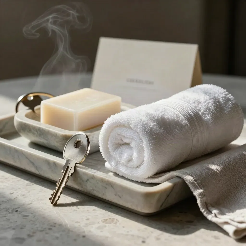 Luxury spa tray with rolled towels, stone soap dish, and brushed-metal key disc on travertine