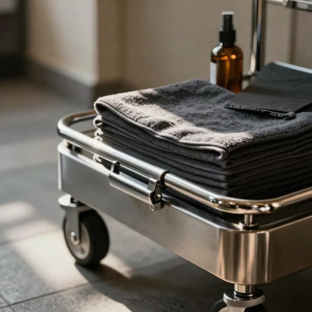 Close-up of a stainless housekeeping cart latch with microfiber cloths and an amber spray bottle.