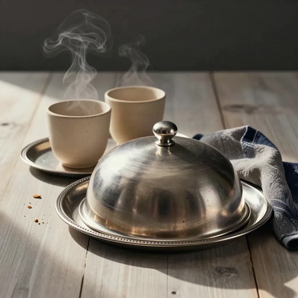 Steam rising from room-service cups beside a cloche on a silver tray