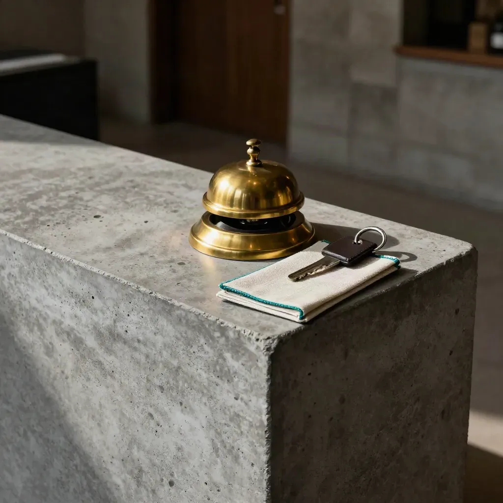Matte concrete hotel check-in corner with brass bell, linen sleeve, and key loop in cool light.