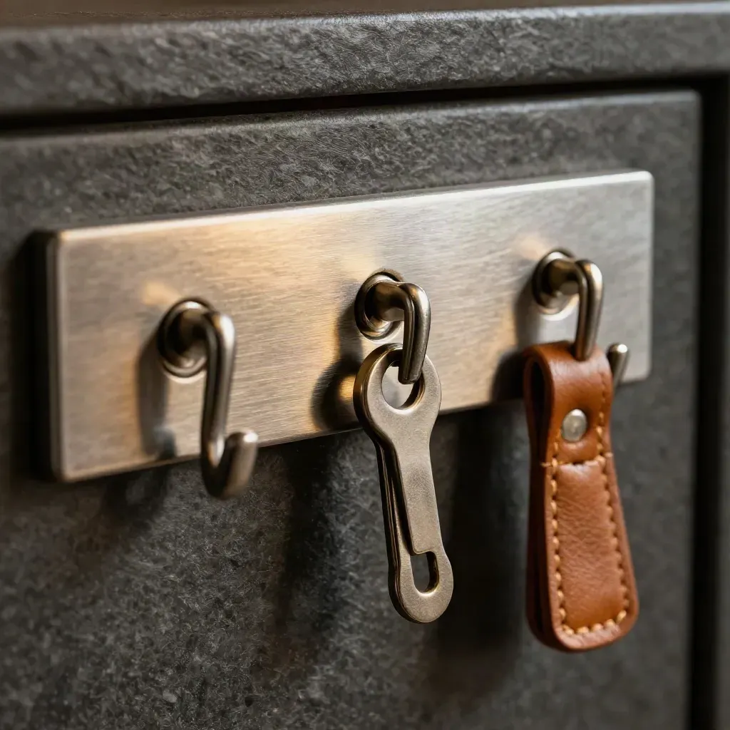Brushed-aluminum key rail with hooks, clip and leather tab on charcoal stone, lit in warm gold.