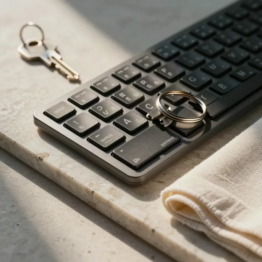 Graphite hotel key board, silver key ring, and linen napkin on travertine under dramatic light.