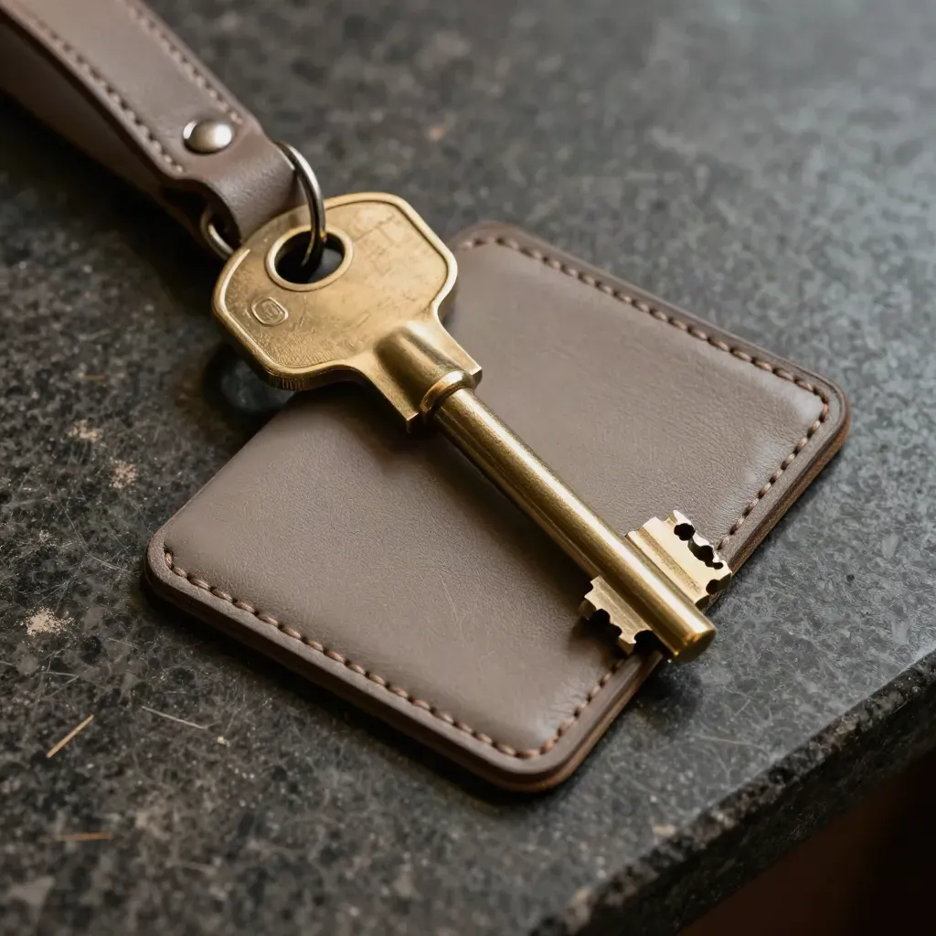 Brass hotel key caught in a leather sleeve beside a card holder and tiny clip on dark stone.