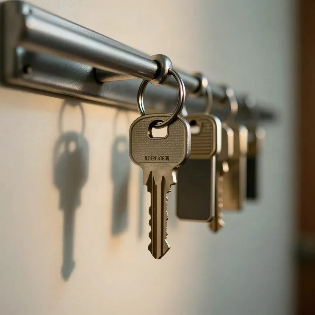 Macro of a master-key ring on steel hooks with two room tabs mid-swing in a grey hotel back room.