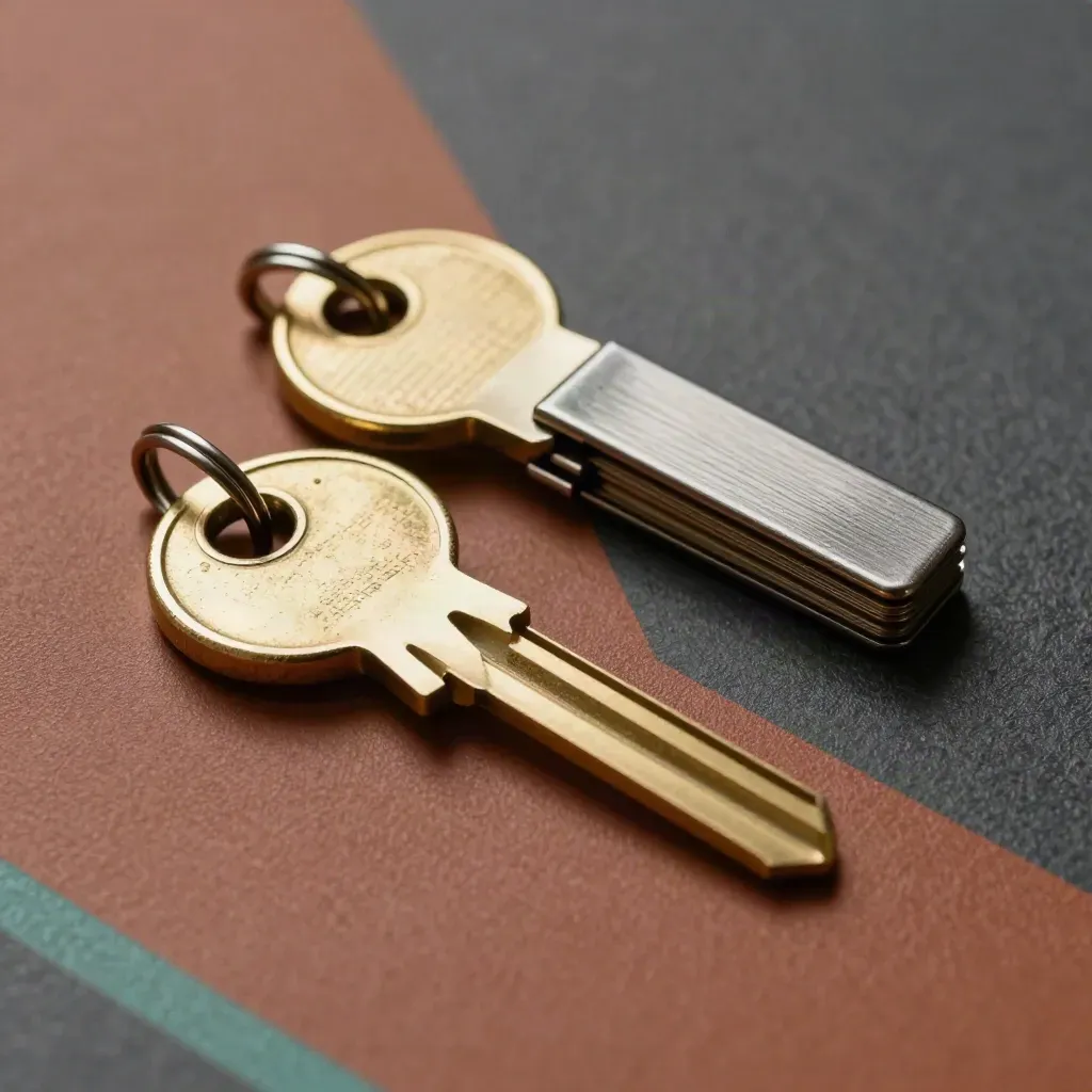 Brass key fobs and inventory clips on a clay surface under dramatic studio light.