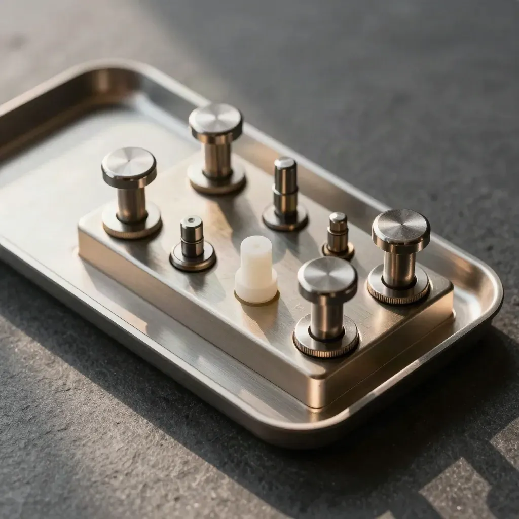 Top-down still life of an industrial selector block, toggles, weights and brushed tray on stone.