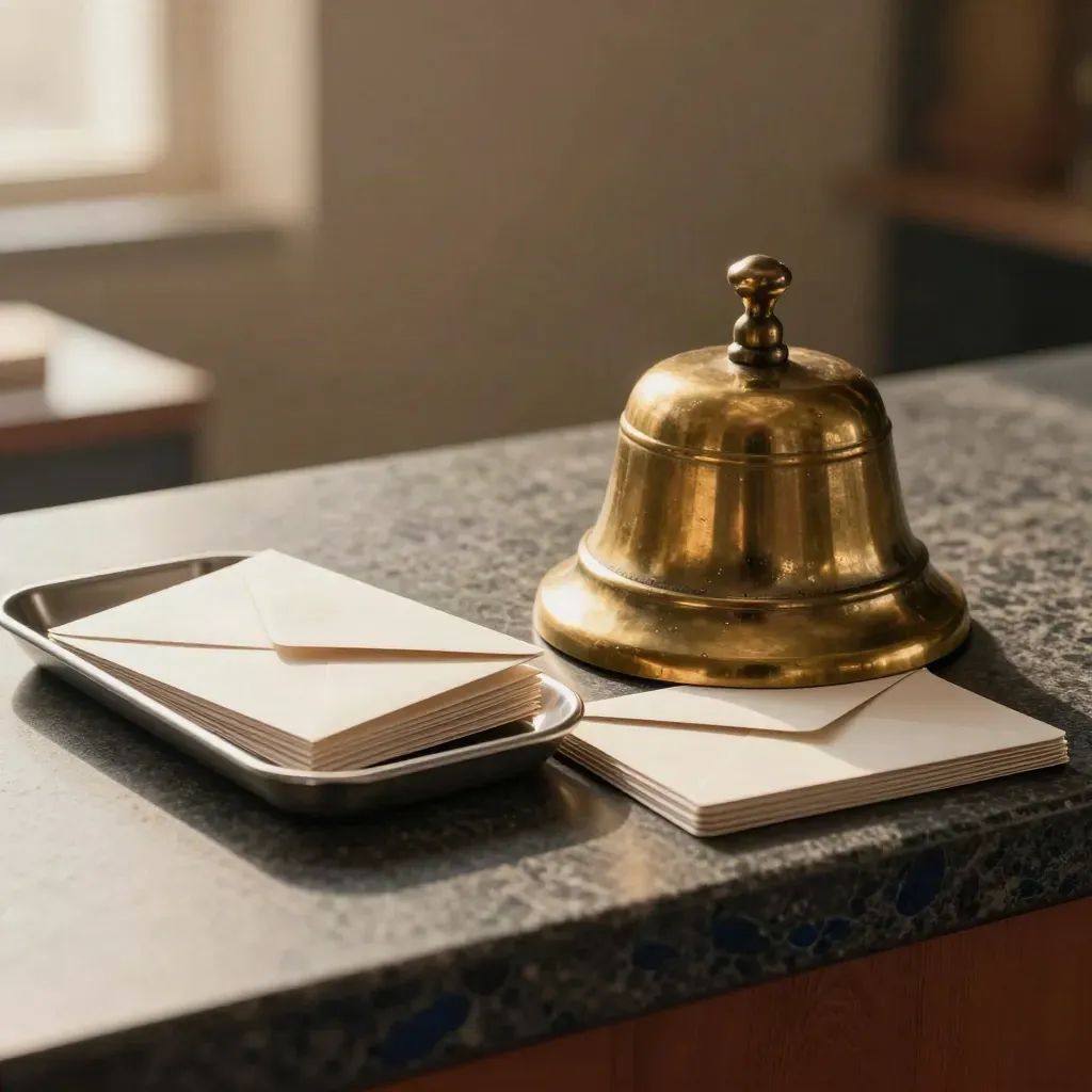 Brass desk bell beside folded cards and a slim envelope tray on a stone ledge.