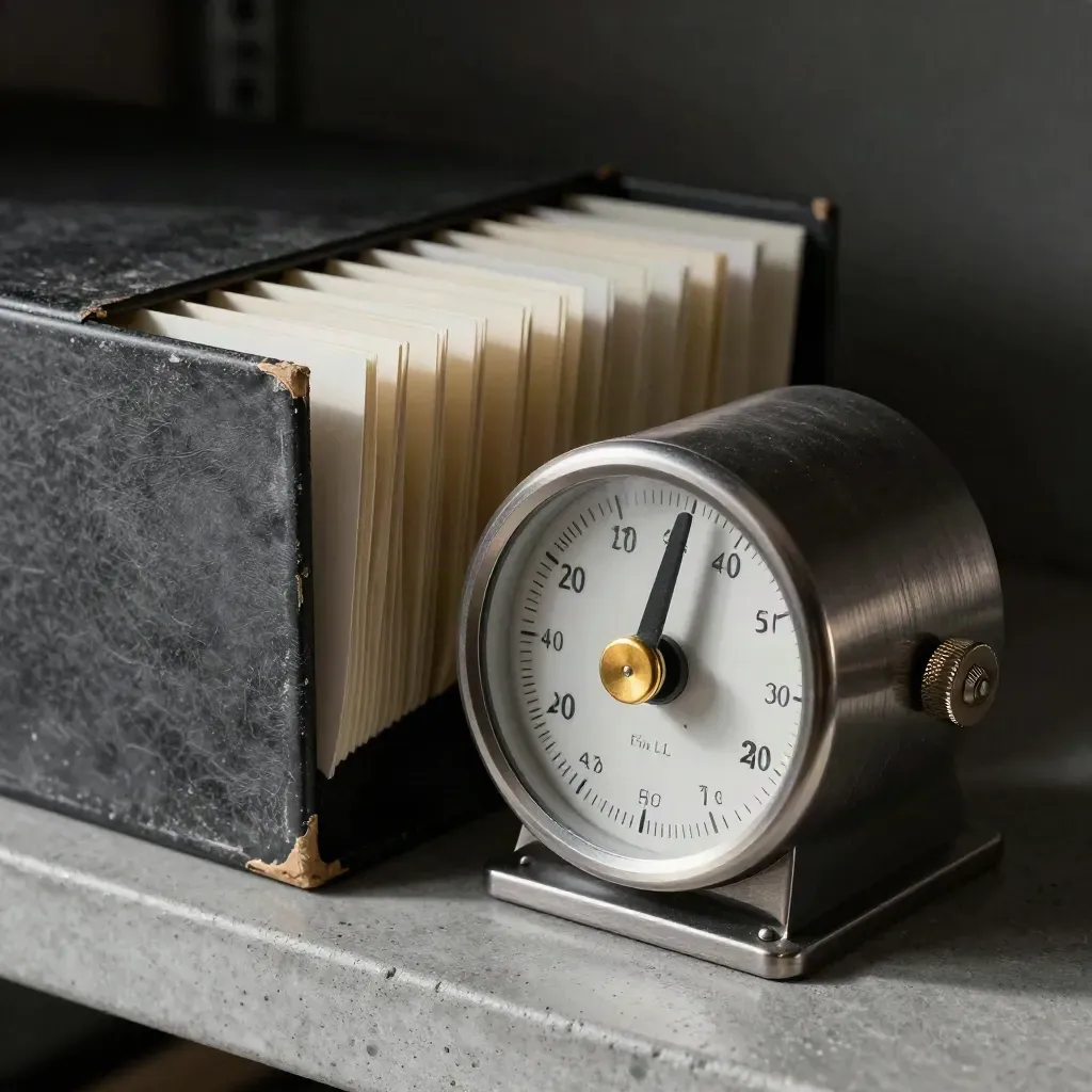 Mechanical tally counter beside archive box edge and blank index tabs on a graphite surface.