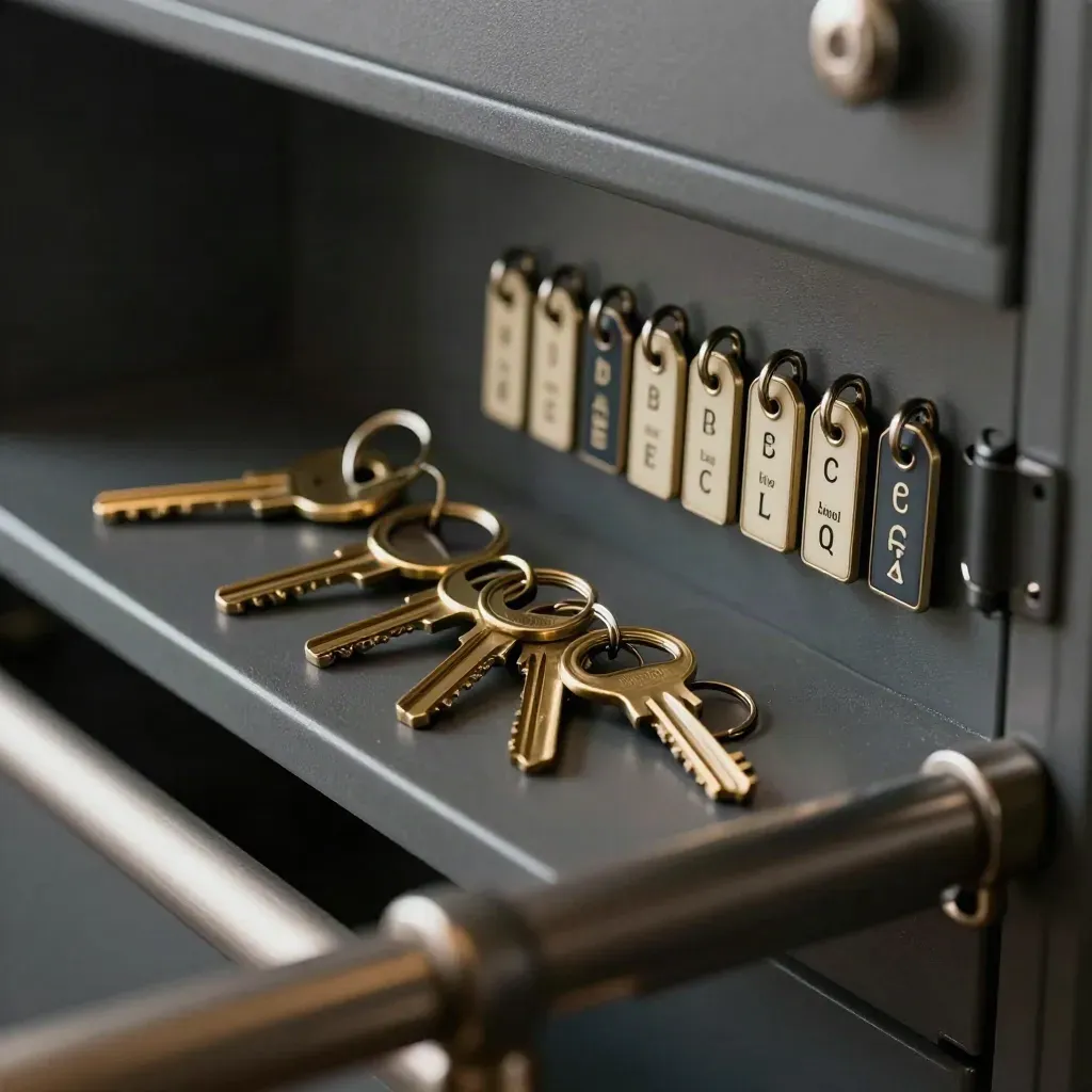 Nested brass key rings and room-status pegs beside a matte-black cabinet hinge, seen through a blurred rail.