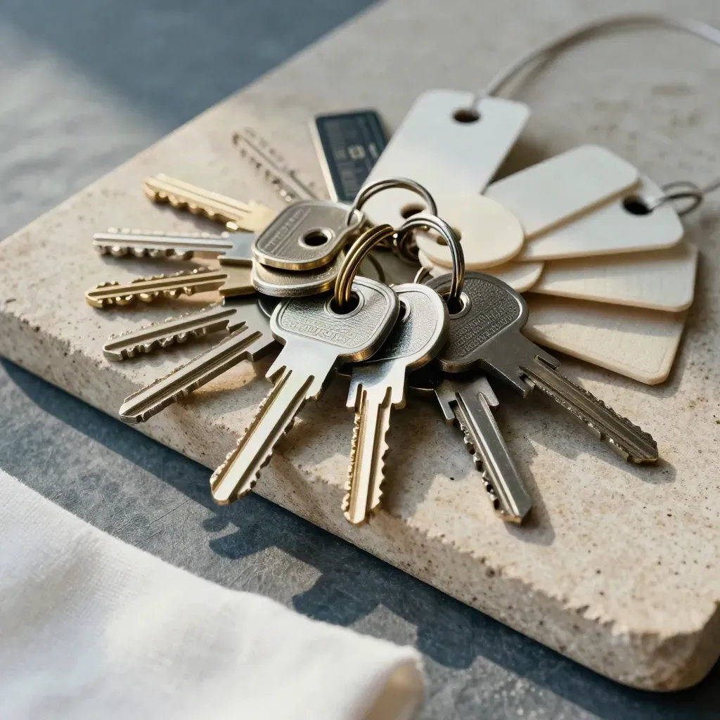 Overhead macro of locker keys, parcel fobs, and linen tags on pale stone, shot through soft linen blur.