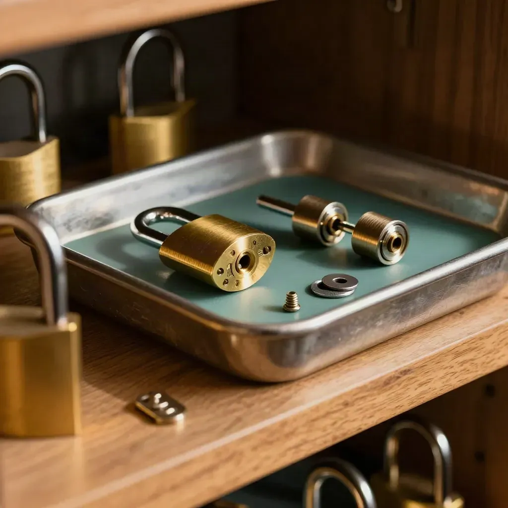 Brass padlocks and spare lock cores on a steel tray, shot low through a foreground shackle.