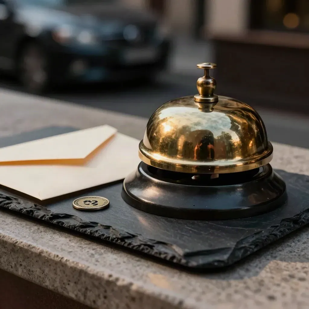 Brass hotel bell, askew blank envelope and room-service token on a slate tray