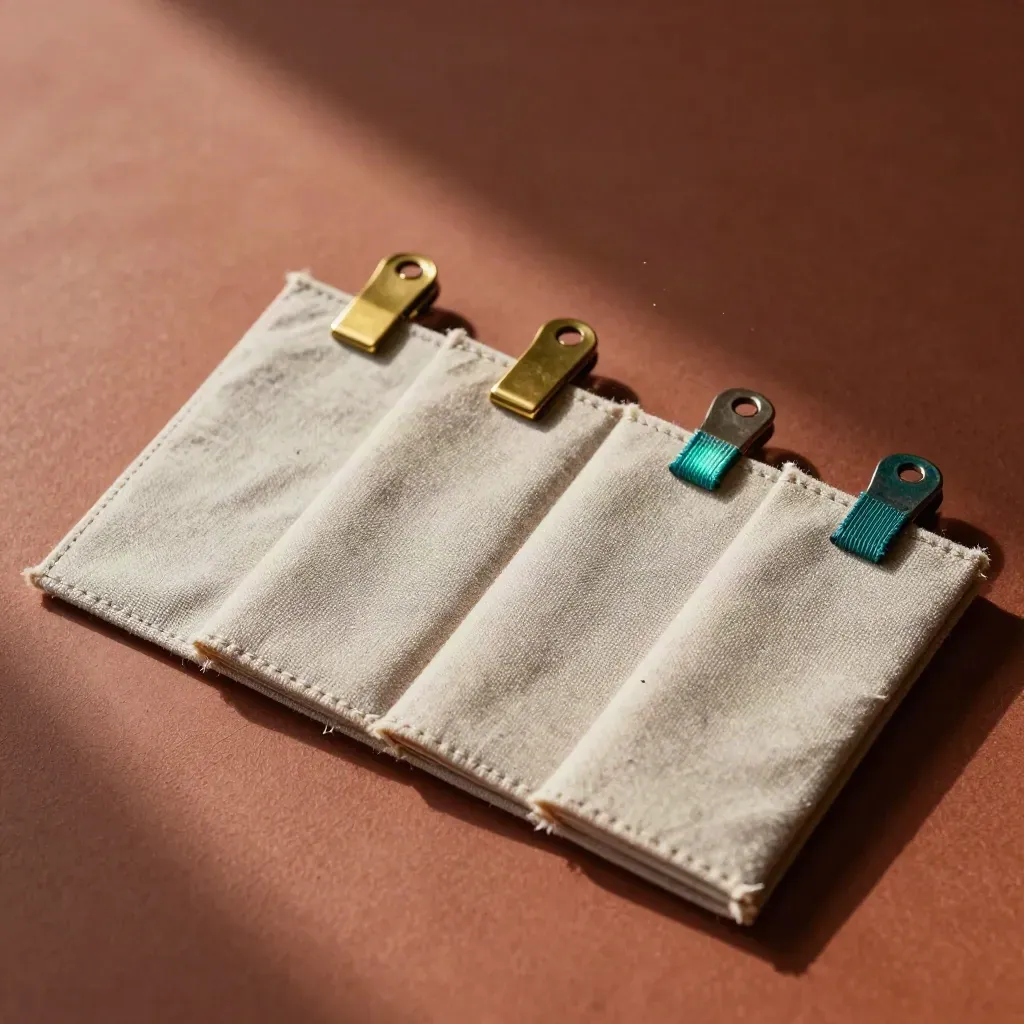 Top-down still life of room-key sleeves, brass clip and linen-bound cards on terracotta plaster.