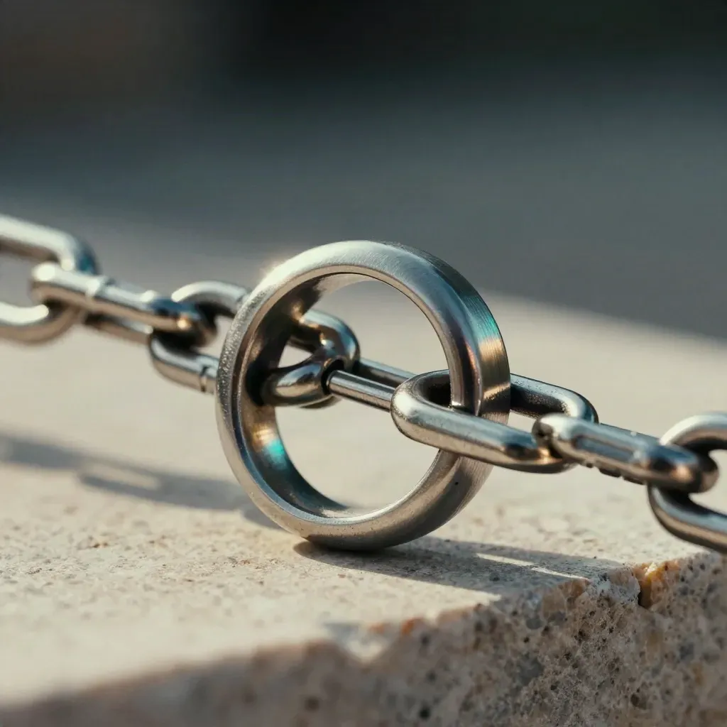 Brushed-steel connector rings linked on pale stone with dramatic shadow and teal accent