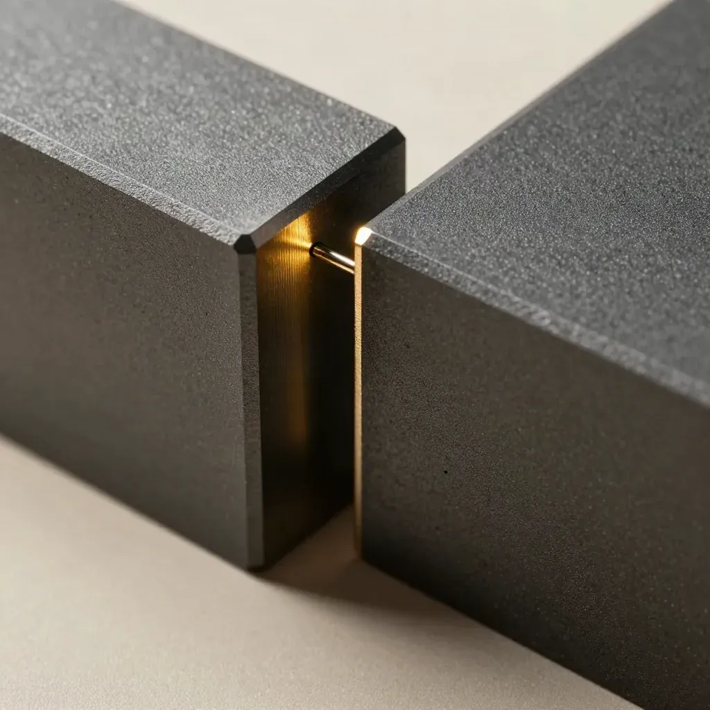 Two graphite blocks click flush around a gold seam insert on a dark stone surface.