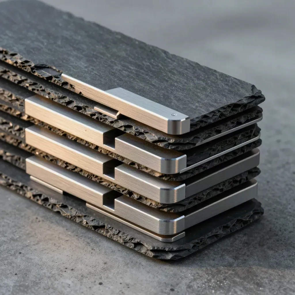 Slate modular cubes with aluminum tabs and connector bridge on concrete, lit dramatically