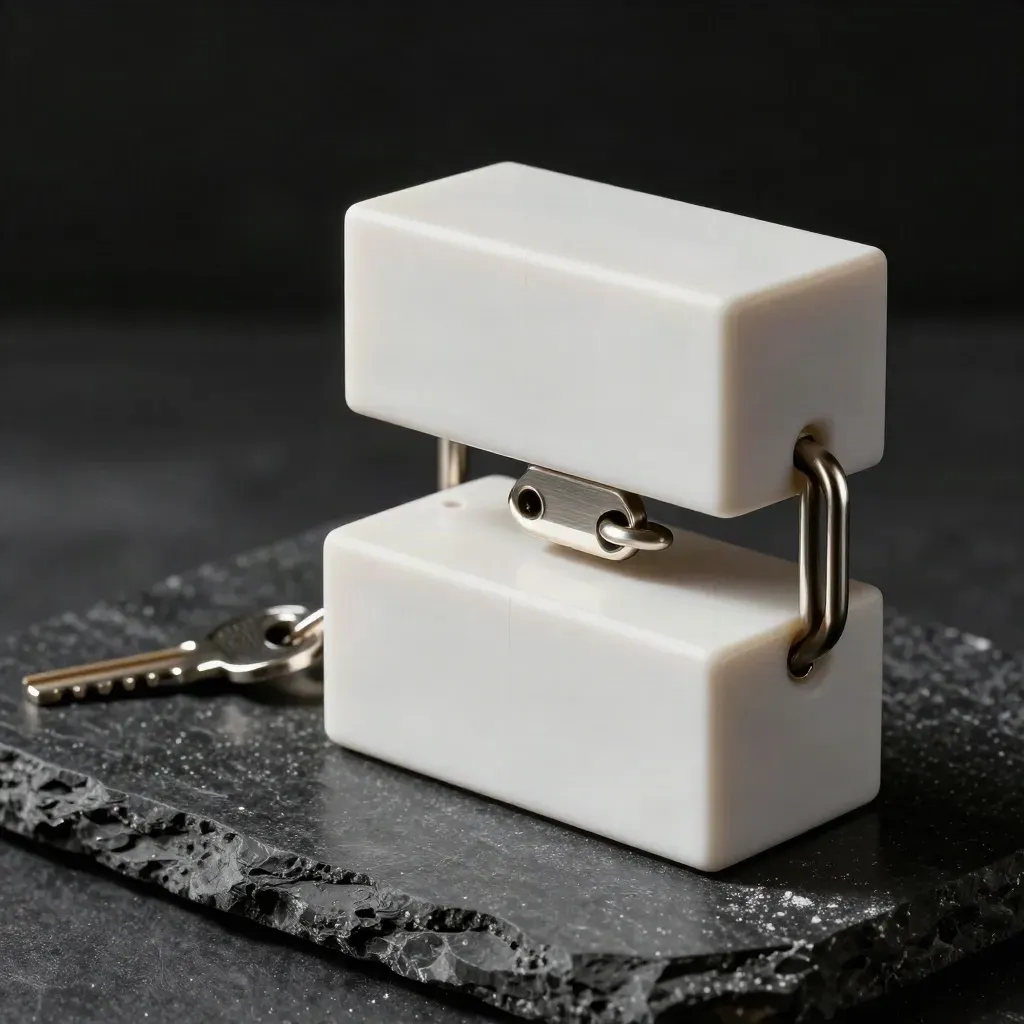 White modular integration blocks and a brushed-metal link on a dark studio plinth.