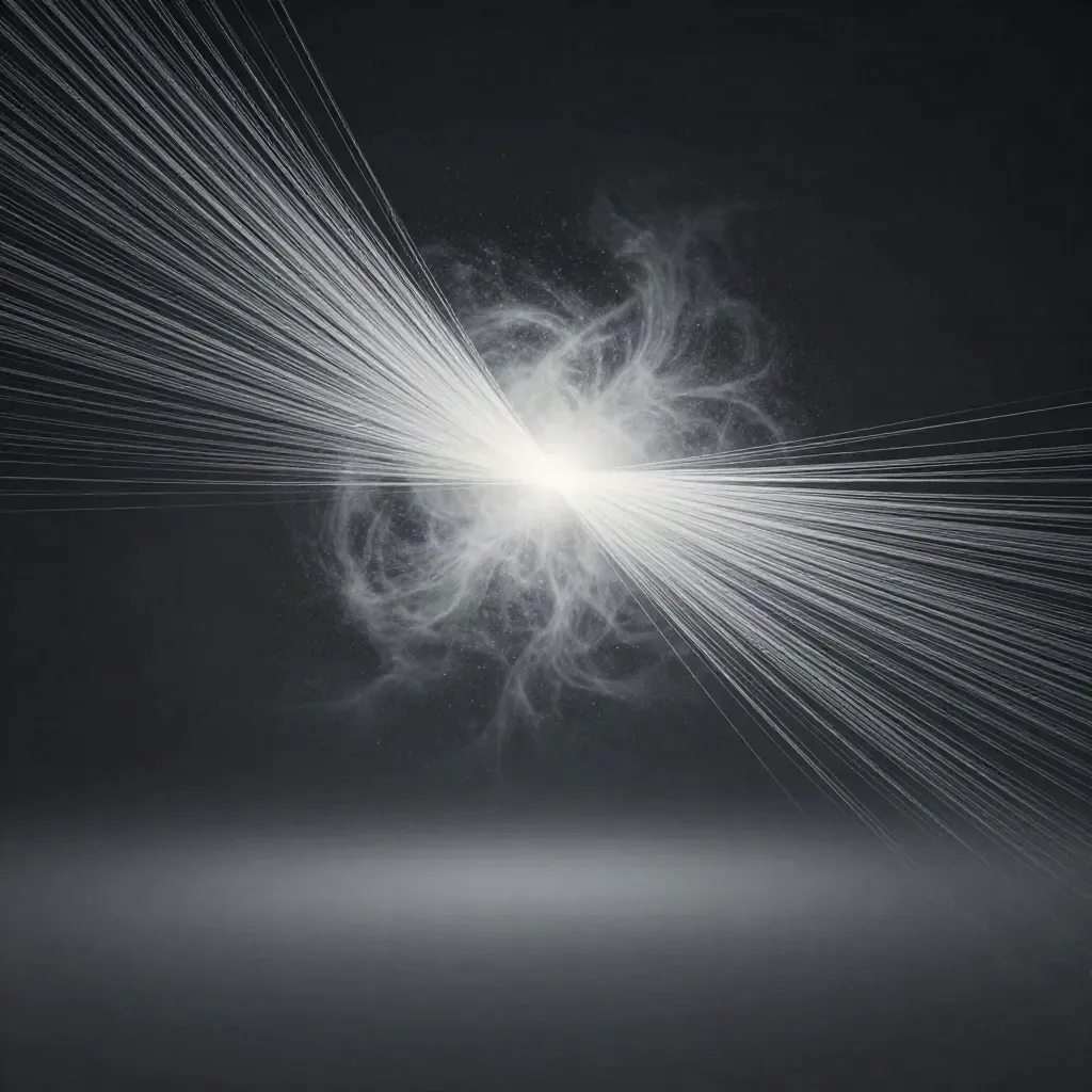 Silver light filaments bloom in dark haze with a calm empty lower third.